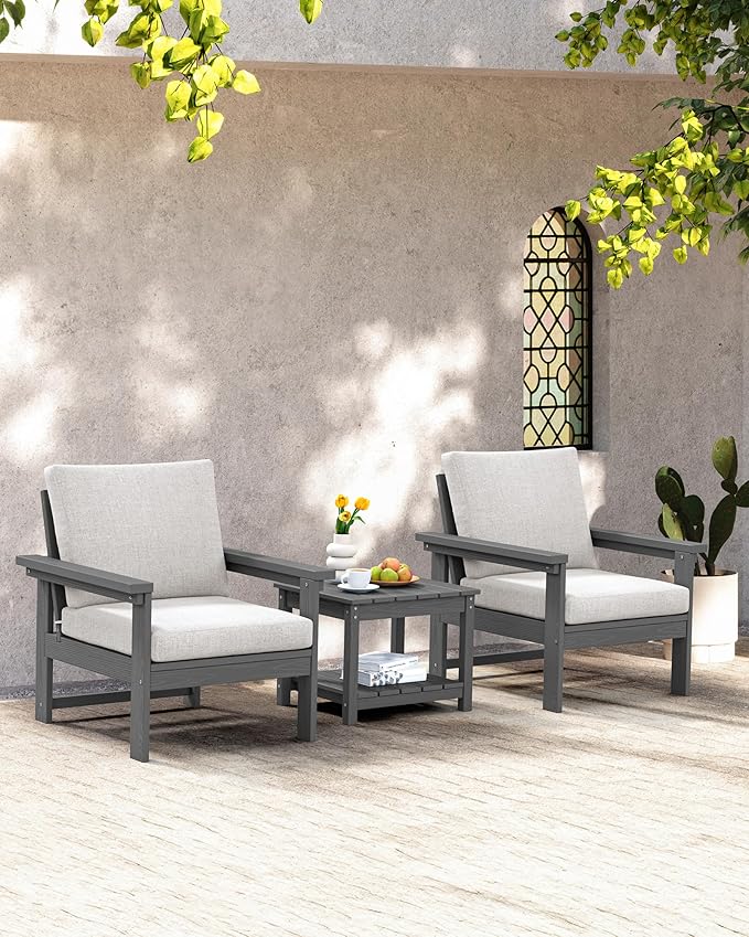 SERWALL HDPE Patio Sofa Set, 3-Piece Sectional Outdoor Furniture Set, All Weather Outdoor Couch Set Patio Furniture Set for Deck, Lawn, Grey Frame with Khaki Cushion