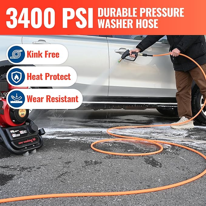 YAMATIC Upgraded Pressure Washer Hose 25 FT 3400 PSI, 1/4" Wear & Kink Resistant Power Washer Hose with Heat Protect Sleeve, Durable Replacement Hose for Uberflex Flexzilla Ryobi