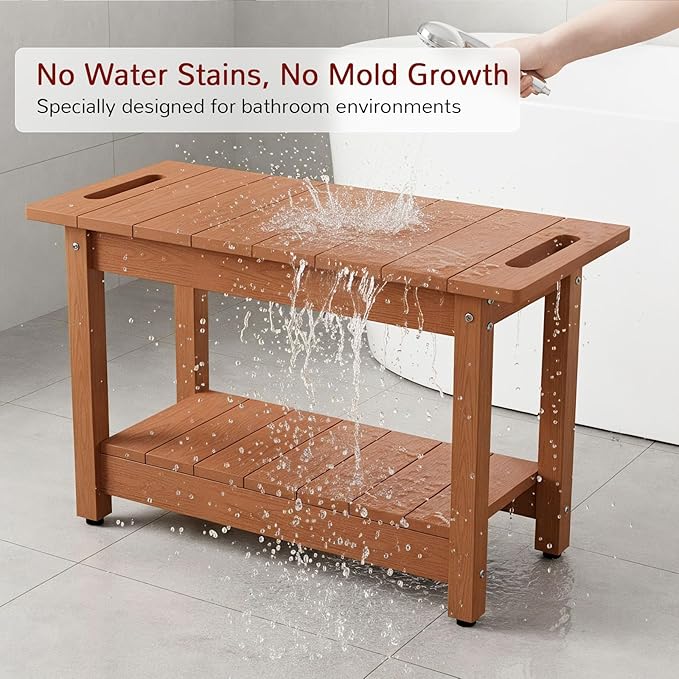 Stoog 24" Shower Bench, Waterproof Shower Stool for Shaving Legs, Adjustable and Non-Slip Feet, Shower Chair for Inside Shower, Brown