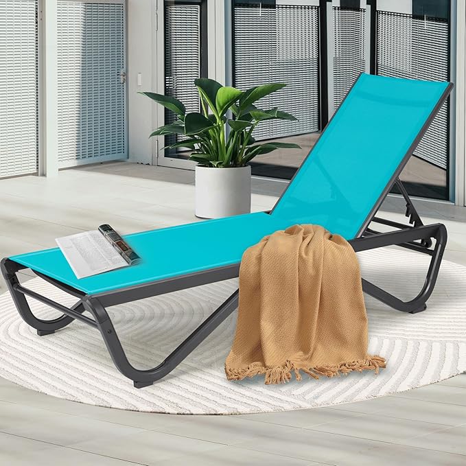 Kozyard Patio Chaise Lounge Chair Full Alumium Outdoor Reclining Adjustable Chair Flat Lounge Chair for Poolside,Sunbathing, Poolside, Beach Aqua Textilene