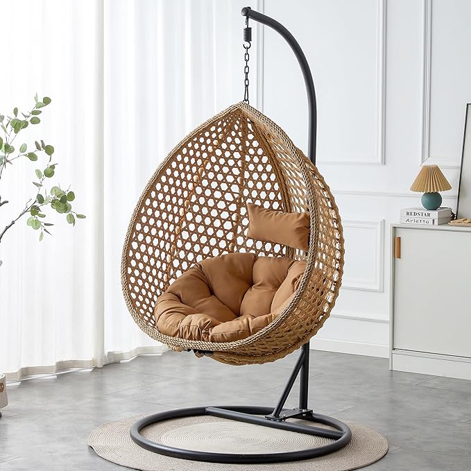 Hanging Egg Chair with Stand, Egg Swing Chair with Stand Indoor Outdoor,Yellow Wicker Swing Egg Chair for Adults, Hammock Chair with Comfortable Cushion and Stable Round Metal Base for Bedroom Patio