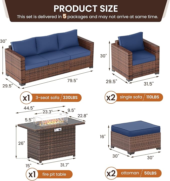 UDPATIO Patio Furniture Set with Fire Pit Table, 6 Pieces Outdoor Conversation Sectional Furniture Sets Wicker Rattan Outdoor Sofa Ottoman with Waterproof Covers for Porch Deck Backyard Blue