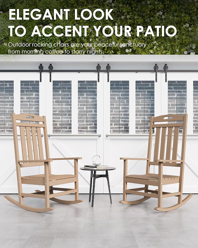 Outdoor Rocking Chair Set of 6, All-Weather Resistant Poly Lumber Rocker Chair Outdoor, High Back Plastic Patio Rocking Chairs for Outside Porch Rocker Garden Lawn, Weather Wood