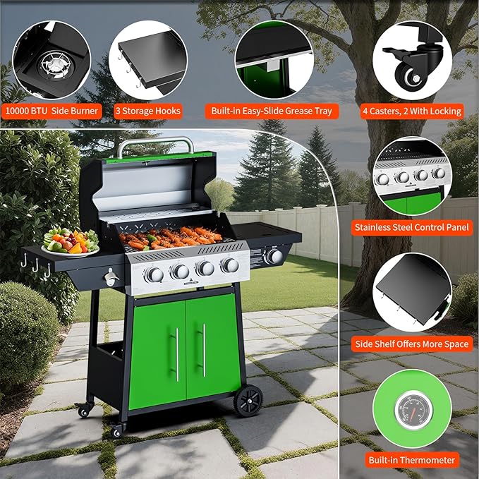 4-Burner Propane Gas BBQ Grill with Side Burner, Stainless Steel Grates, 50,000 BTU Barbeque Gas Grill for Outdoor Cooking Kitchen and Patio Backyard, with Wheels and Storage, Green