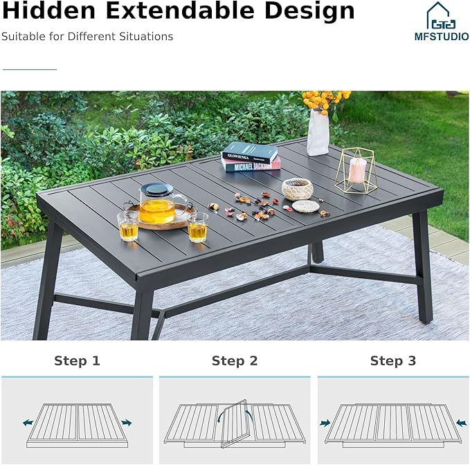 MFSTUDIO Outdoor Dining Set for 8, Expandable Patio Table and Chairs Set, 9 Piece Outdoor Patio Furniture Set for Deck/Backyard/Poolside/Garden