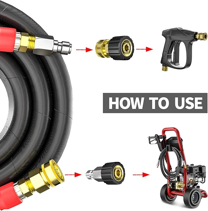 POHIR 3/8 Inch Pressure Washer Hose 25 FT with Adapter Set, 4800PSI Hot and Cold Water Max 248°F, High Tensile Wire Heavy Duty Commercial Grade Hose, 2pcs M22 14mm to 3/8 Quick Connect Accessories