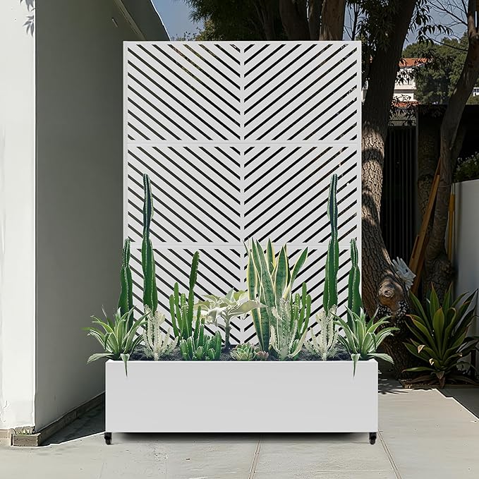 Large Metal Raised Garden Beds with Privacy Screen, Standing Planter Box with Trellis & Wheels for Outdoor Climbing Plants, Garden Boxes with Drainage Holes for Patio (47"L, White Parallel)