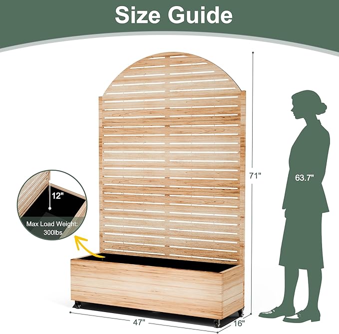 Metal Planter Box with Trellis for Climbing Plants, Privacy Planter with Trellis, Standing Planters Boxes with Privacy Screen, Drainage Holes (47" L, Arch White Wood Grain)
