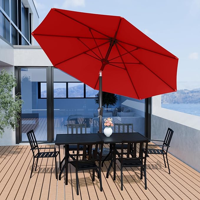PatioKingdom 10FT Patio Umbrella with Push Button Tilt and Crank, Outdoor Market Umbrella with 8 Fiberglass Ribs, UV Protection Table Umbrella for Pool,Backyard,Garden,Deck(Red, 10FT)