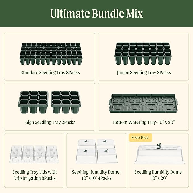 Vego garden Ultimate Seed Starting Bundle, 2Packs Giga,8 Pack Jumbo,8 Pack Standard Seedling Trays with Seedling Tray Lids and 10" x 20" Bottom Watering Trays