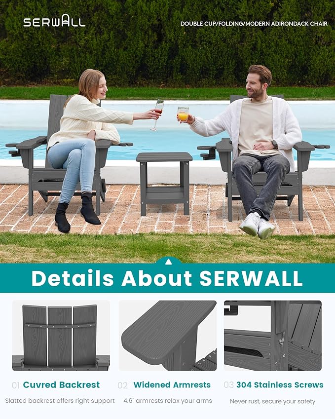 SERWALL Outdoor HDPE Adirondack Chair Set 2, Modern Folding Adirondack Chair with Cup Holders, Weather Resistant Fire Pit Chairs, Gray