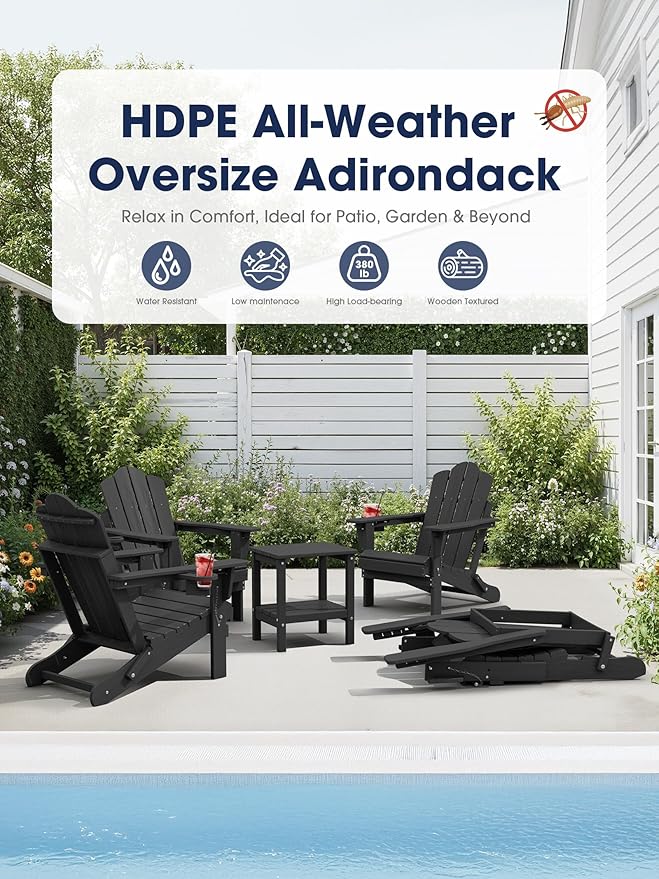 KINGYES Adjustable Folding Adirondack Chair Set of 6, 3-Position Reclining Adirondack Chairs with Cup Holder, HDPE All-Weather Oversized Adirondack for Outdoor, Patio, Backyard Deck, Fire Pit, Black