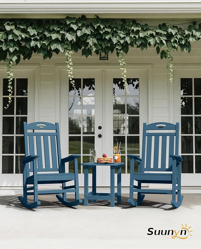 Oversized Outdoor Rocking Chair Set of 2, High Back Porch Rocker Chair, HDPE All Weather Resistant Rocking Chairs for Patio, 380lbs Weight Capacity, Navy Blue