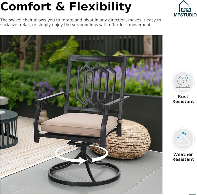 MFSTUDIO 7-Piece Metal Outdoor Patio Dining Furniture Set with 6 Swivel Armrest Chairs and Steel Frame Slat Larger Rectangular Table with 1.57 Umbrella Hole for Poolside, Porch, Backyard