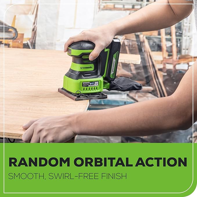Greenworks 24V Cordless Palm Sander, 1/4 Sheet Sander with Dust Bag, Compact and Lightweight, 11000 OPM, with 2Ah Battery and Charger