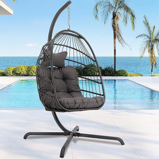 RADIATA Heavy Duty Egg Chair Swing with Stand, 350Lbs Rattan Hanging Chairs with Base and Cozy Cushion, Single Eggshell Hammock Seat for Outside Patio Porch Backyard Balcony Apartment, Dark Grey