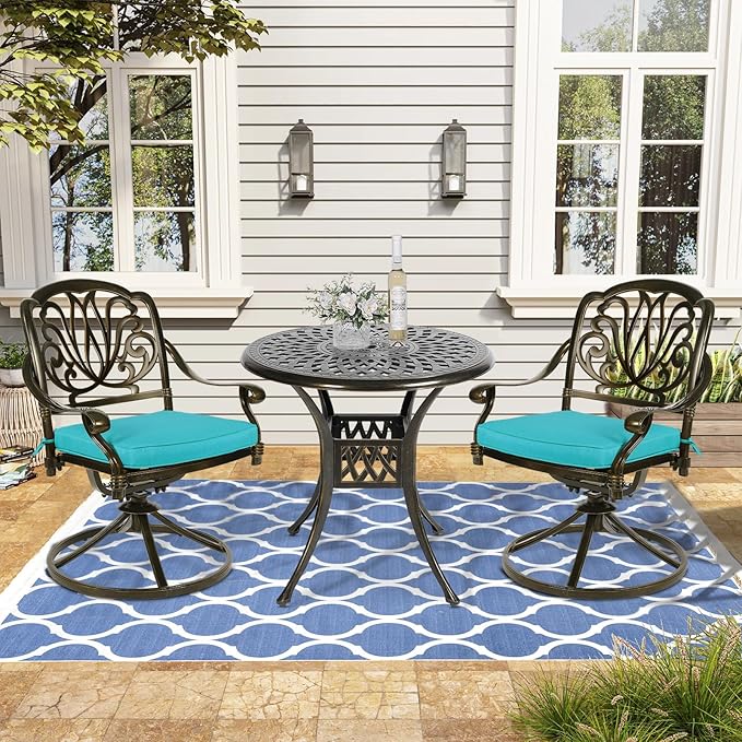 VIVIJASON 3-Piece Patio Furniture Dining Set, Outdoor All-Weather Cast Aluminum Bistro Set, Include 2 Swivel Chairs and 31" Round Table w/Umbrella Hole for Balcony, Lawn, Garden (Ocean Blue Cushion)