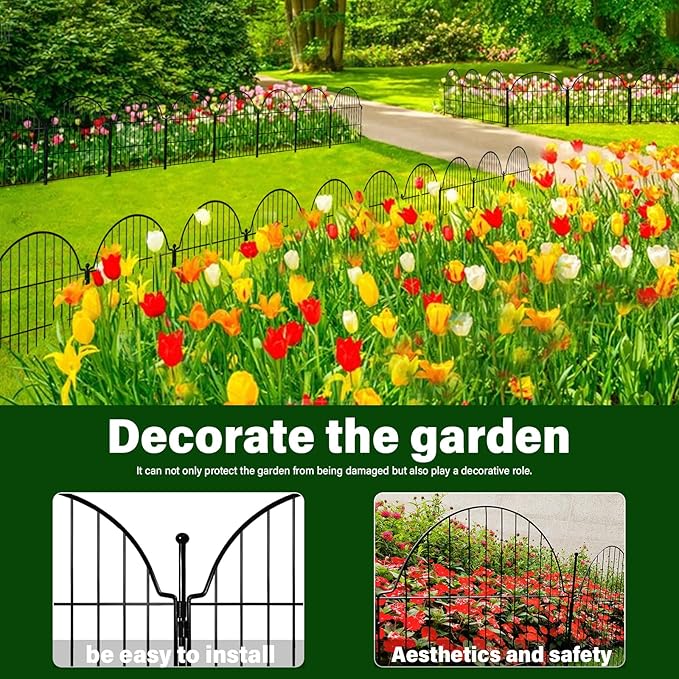 Decorative Metal Garden Fence 6 Panels, 25in (H) x 12.2ft (L) No Dig Outdoor Dog Fence Panels, Easy Install Temporary Fencing for Yard, Rustproof Wire Garden Border