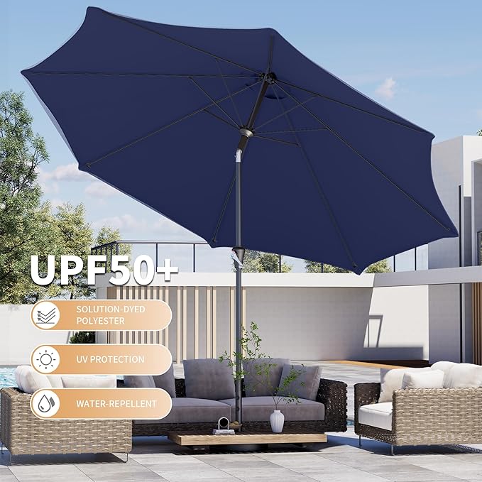 Kingdura 9FT Outdoor Patio Umbrella, Market Table Umbrella with Push Button Tilt and Crank, 8 Sturdy Fiberglass Ribs, UV Protection for Pool, Lawn, Deck, Backyard, Garden (Navy blue)