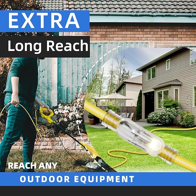 12 Gauge Outdoor Extension Cord 100 FT Waterproof, 3 Prong Plug, SJTW Heavy Duty 15A 1875W, Yellow Extension Cable with Lighted end for Commercial Use and Major Appliances, ETL Listed