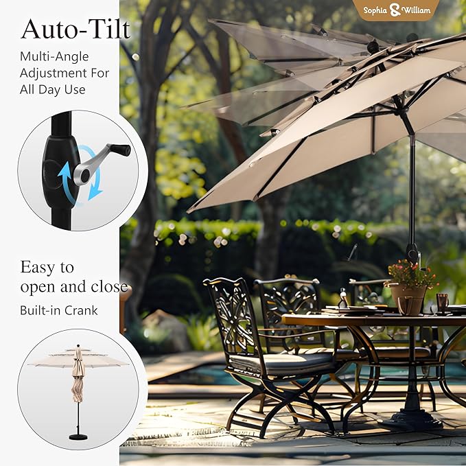Sophia & William 10ft 3 Tier Auto-tilt Patio Umbrella, Outdoor Double Vented Umbrella with Crank, Beige