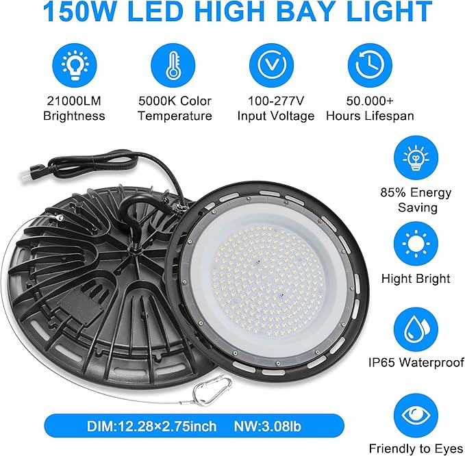 Super Bright High Bay LED Shop Lights - 150W 5000K Daylight, 21000LM 120VAC with 5ft Cord & US Plug. Standard US Hook, IP65 Waterproof led high Bay UFO Lights (1Pack)