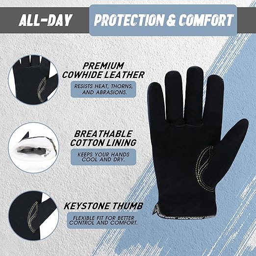 HANDLANDY HLDD 2 Pairs Leather Work Gloves for Men & Women – Cowhide Gardening Gloves, Thorn Proof, Cotton Lined, for Tig/Mig Welding, Construction, Chainsaw, Farm, Landscaping