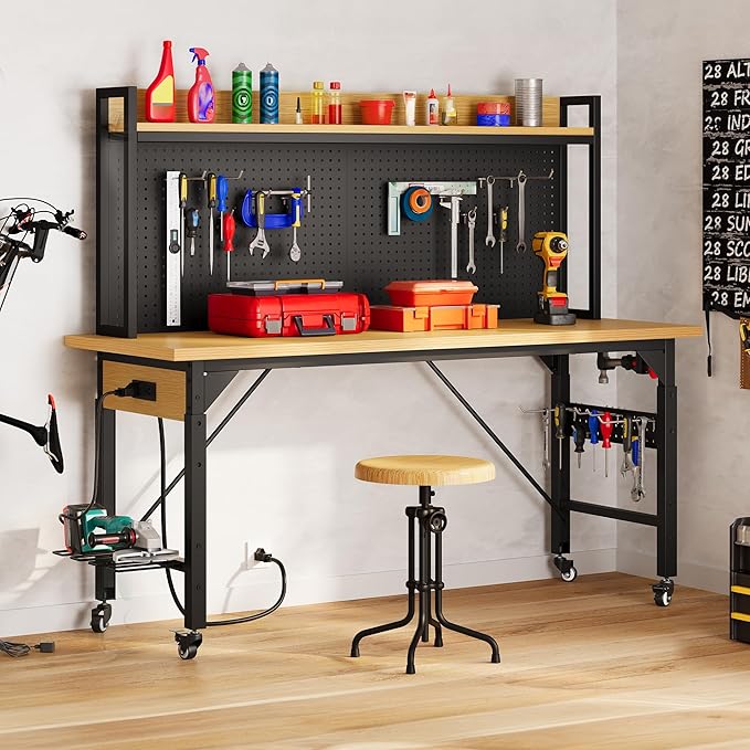 DWVO 60" Adjustable Workbench with Pegboard, Heavy Duty Wood Top Work Bench with Wheels, 1600 LBS Load Capacity, Rolling Work Table with AC/USB Outlet, Hooks, Rack for Garage, Workshop, Office, Home
