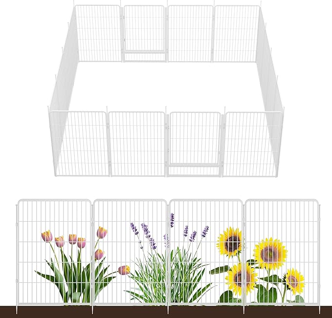 SunsGrove Tall Garden Fence with Gate, 45 in(H) x 35.7 ft(L) 16 Panels Heavy Duty Metal Animal Barrier Fence for Yard, Suitable for Indoor or Outdoor Dog Pet Fence, Garden Fence Border, White