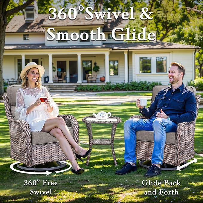 Luxury High Back Outdoor Furniture with 6-inch Extra Thick Cushions, Patio Furniture Set with Swivel Chairs, 4 PCS Wicker Conversation Set for Yard, Deck, Poolside, Brown/Grey
