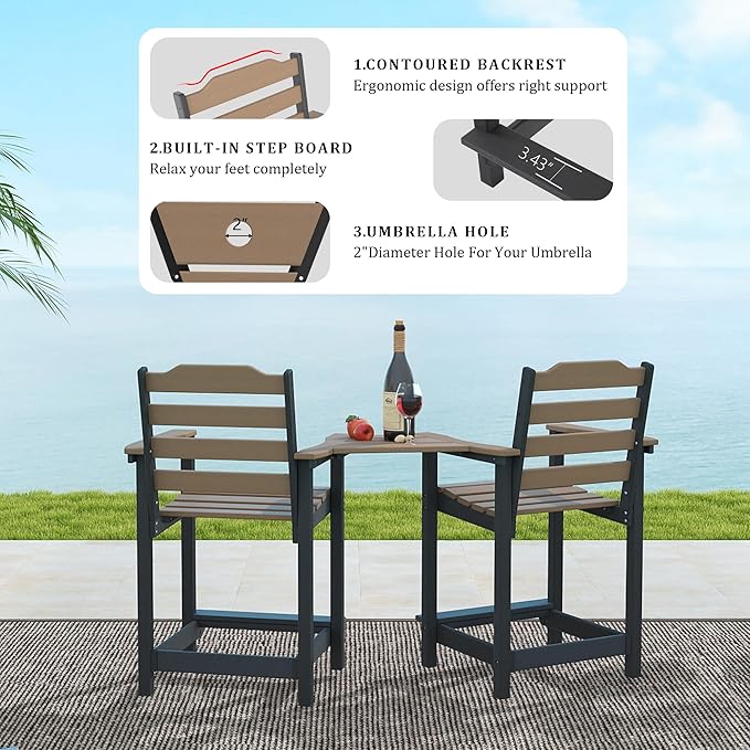 OTSUN HDPE Tall Adirondack Chair, Weather Resistant Balcony Chairs for Garden, Backyard, Poolside, Capacity 300 LBS(4 PCS，Brown&Black)