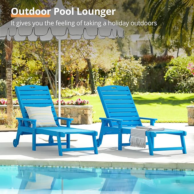LUE BONA Chaise Lounge Chairs Set with Table, 3-Piece, 79'' Oversized HDPS Chaise Lounger, 5 Positions Adjustable Lounge Chairs, Pool Lounge Chair with Wheels for Poolside, 3 Year Warranty, Blue