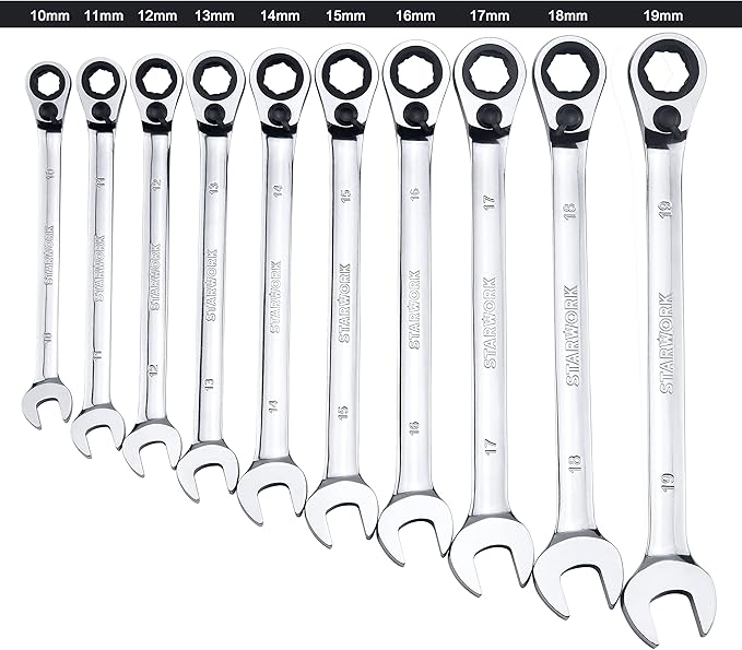 STARWORK TRUE MECHANIC™ 20 Pc. Reversible Ratcheting Combination Wrench Set, Non-Slip, Long Pattern, SAE, Metric, Professional, With Portable Roll-Up Pouch Bag…