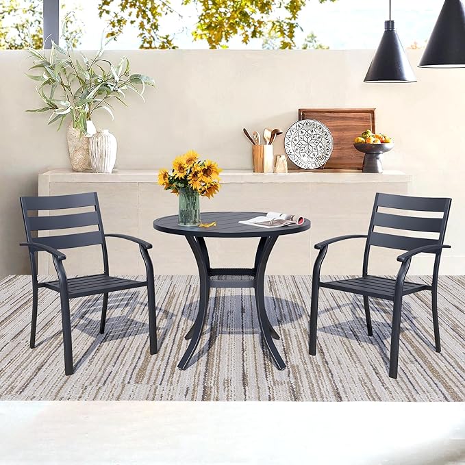 3 Piece Outdoor Dining Set, Patio Dining Set for 2, 27.6" Metal Round Table with 2 Black Metal Outdoor Dining Chairs with Armrest for Lawn, Garden, or Porch