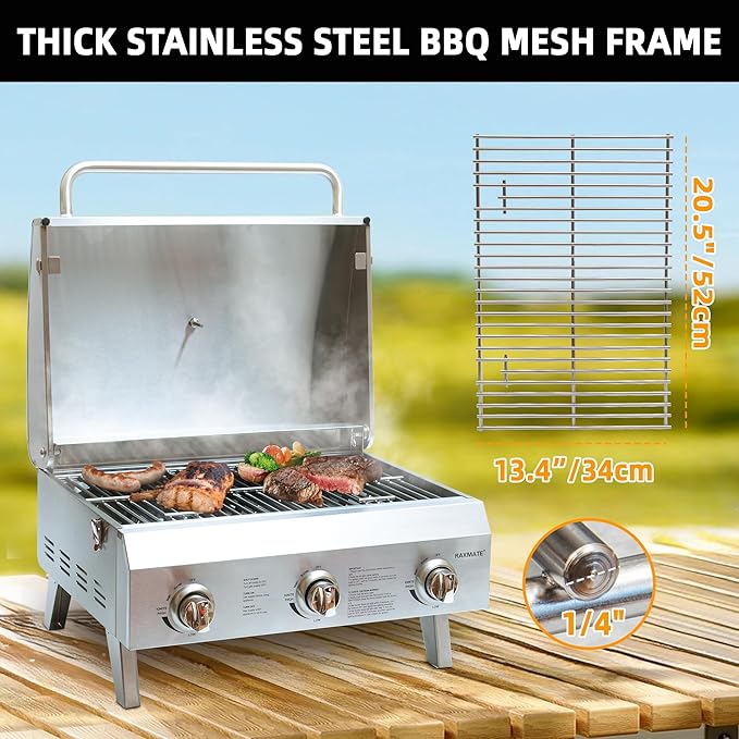 Tabletop Gas Grill, 22" 3-Burner Portable Propane BBQ Grill, 30,000 BTUs Stainless Steel Grill with Foldable Legs for Camping, Patio, Backyard, Tailgate, and Holiday Gatherings