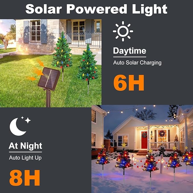 2-Pack Solar Christmas Tree, IP44 Waterproof Colorful Garden Stake Lights Christmas Decorations with 8 Lighting Modes 100 LED Beads for Porch, Pathway, Yard, Cemetery