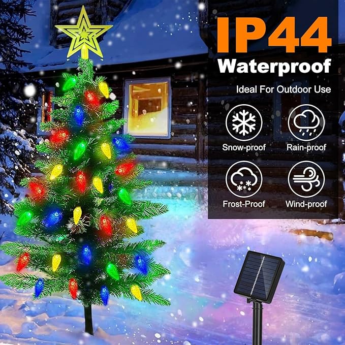 2-Pack Solar Christmas Tree, IP44 Waterproof Colorful Garden Stake Lights Christmas Decorations with 8 Lighting Modes 100 LED Beads for Porch, Pathway, Yard, Cemetery