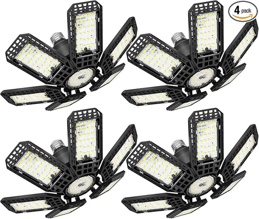LED Garage Light 4 Pack, 200W 20000LM 6500K LED Shop Lights, Garage Ceiling Lights with 6+1 Adjustable Panels for Basement, Barn, Warehouse, Attic Lighting Support E26/E27 Socket
