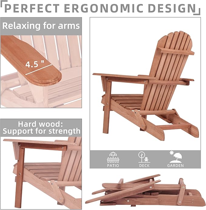 Outdoor Wooden Folding Adirondack Chair Set of 6 with Pre-Assembled BackRest, Wood Patio Chair for Garden Backyard Porch Pool Deck Firepit