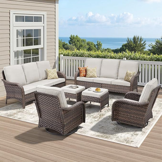 Wicker Outdoor Patio Furniture Set-6 Pieces All-Weather Wicker Outdoor Furniture with Swivel Rocking Chairs Set of 2 Patio Conversation Sets for Garden,Backyard,Deck Brown/Beige