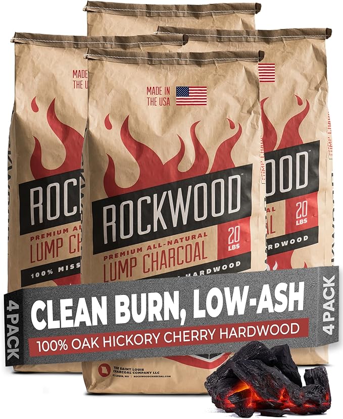 Rockwood Natural Lump Charcoal – Oak, Hickory & Cherry Hardwood Blend for Barbecue Smoking, High-Heat Grilling, & Outdoor Cooking – Clean Burning, Ideal for Kettle & Kamado Grills – 20lbs (4 Packs)