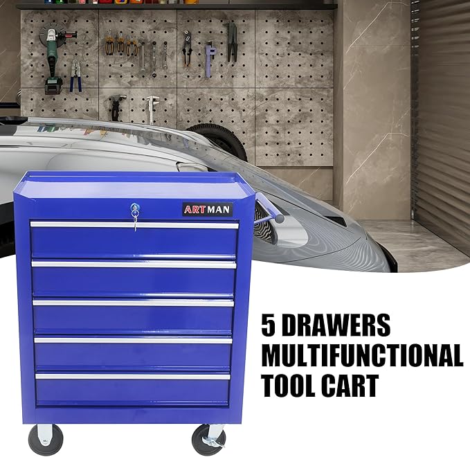 5 Large Drawers Rolling Tool Cart on Wheels, Trolley Organizer Tool Case Tool Chest, Multifunctional Tool Storage Tool Box for Workshop, Garage, Warehouse, Repair Shop (5 Drawers-29.3" H-Blue)