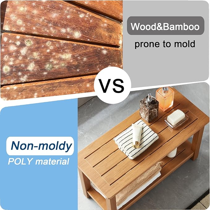 30'' Large Shower Bench Seat, Poly Lumber Bath Stool for Inside Shower Waterproof, HDPS Bathroom Chair for Shaving Legs with Adjustable Feet, Non-Slip & No Maintenance, Brown (30 x 13 Inches)