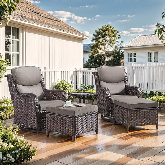 Outdoor Swivel Rocker Patio Chairs with 2 Ottomans - 5" Thick Cushion 5 Piece Furniture Set All Weather Wicker Conversation Set with Side Table for Porch Poolside and Deck - Brown/Gray