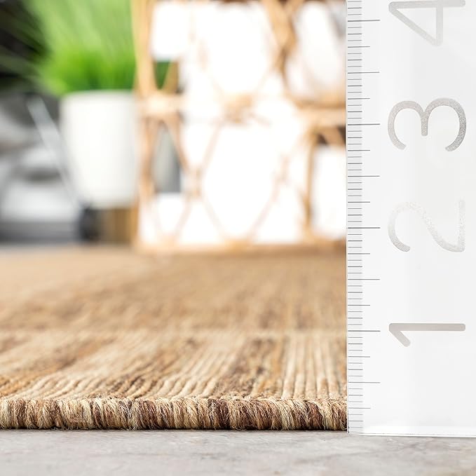nuLOOM 4' Square Outdoor Area Rug, Casual Design with Striped Border, Stain Resistant, Highly Durable, for Patio, Balcony, Bedroom, Living Room, Dining Room, Bathroom, Light Brown