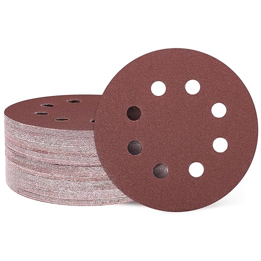 HARFINGTON 50 Pcs 5 Inch Sanding Discs, 120 Grit Hook and Loop Sandpaper, 8-Hole Aluminum Oxide Round Sanding Paper for Woodworking Automotive Metal Polishing, Red