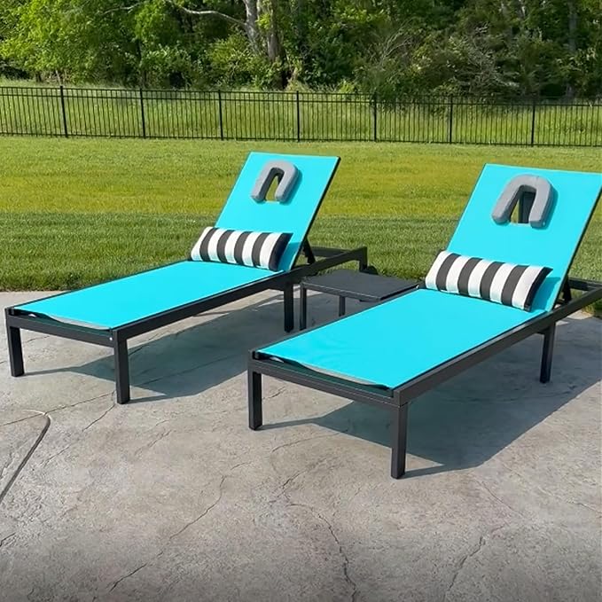 PURPLE LEAF Outdoor Tanning Lounge Chair Set with Face Hole Adjustable Reclining Chairs for Poolside Beach Wheels Pillows and Table Patio Aluminum Sunbathing Lounger Blue