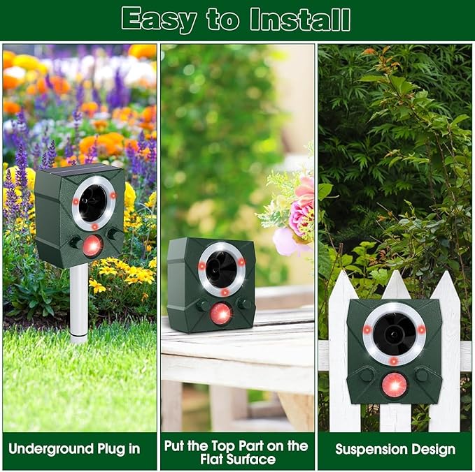Solar Ultrasonic Mouse Squirrel Repellent with Motion Detection, Waterproof Pest Deer Repeller Outdoor, Nocturnal Animal Cat Repellent with Light for Mouse, Rodent, Coyote, Snake, Shunk, Fox, Raccoon