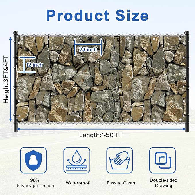 UPGRADE 4'x27'Customized PVC Privacy Fence Screen with Stone Wall Print – Outdoor Waterproof Patio Privacy Cover for Yard, Balcony, Garden Fence Decoration