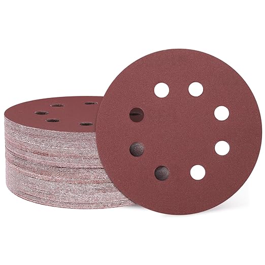 HARFINGTON 50 Pcs 5 Inch Sanding Discs, 320 Grit Hook and Loop Sandpaper, 8-Hole Aluminum Oxide Round Orbital Sander Sandpaper for Woodworking Automotive Metal Polishing, Red